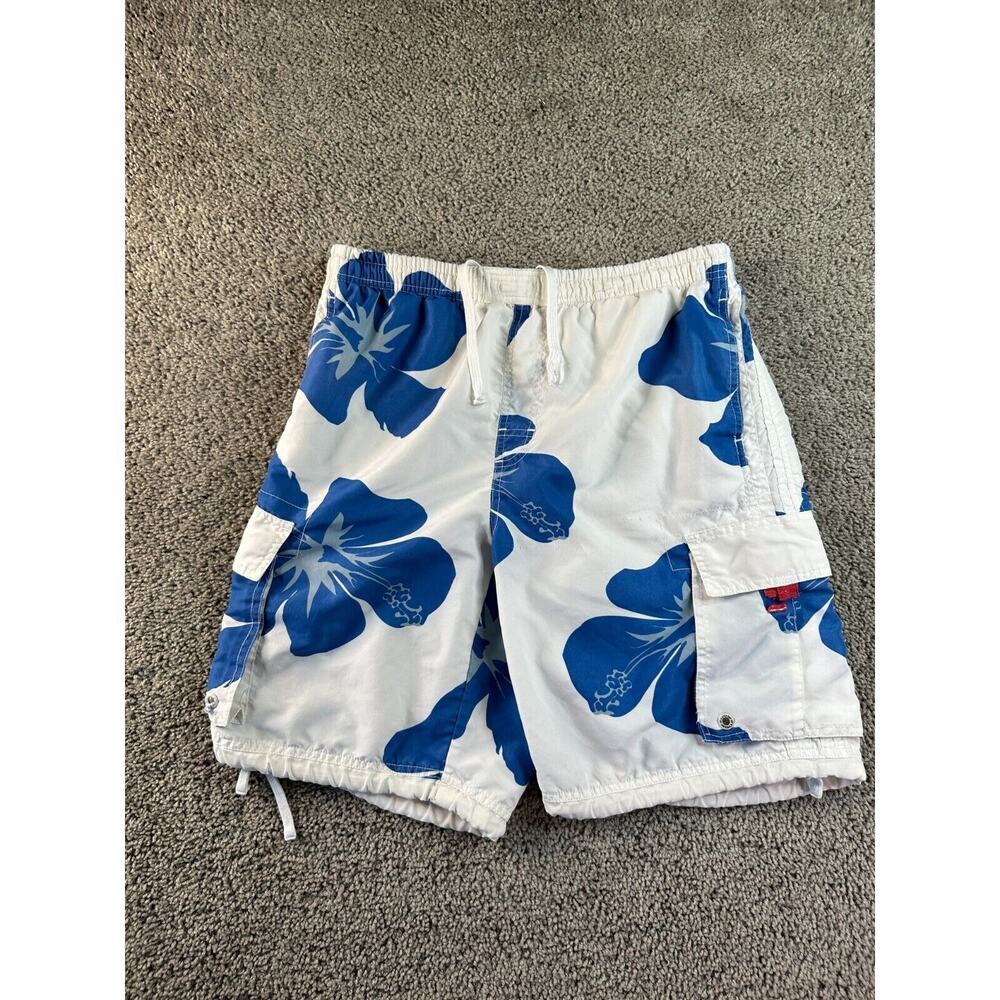 Banana Split Swim Trunks Mens Medium White Hibiscus Flower Bathing Suit FLAW